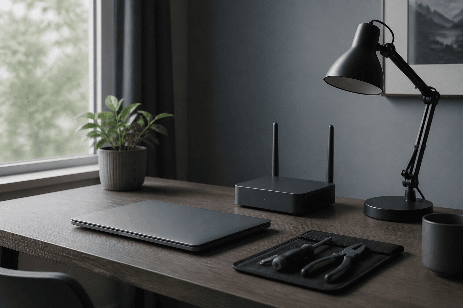A simple home workstation with a laptop and organized technology tools in muted slate and fog blue