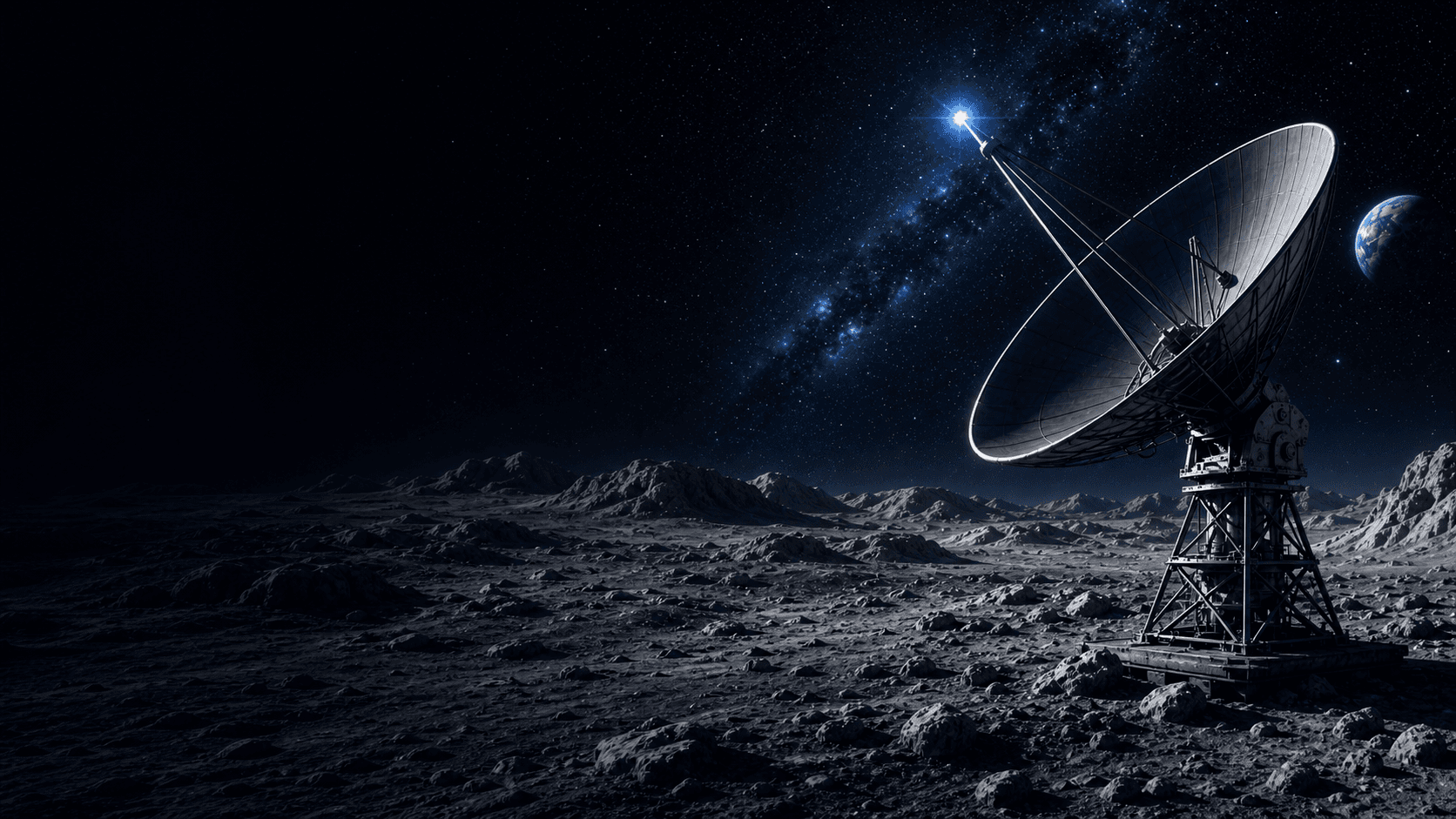 Satellite dish on the moon surface under a starry sky