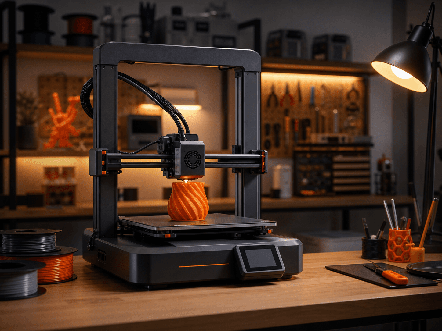 Desktop FDM 3D printer actively printing in a clean modern studio workshop