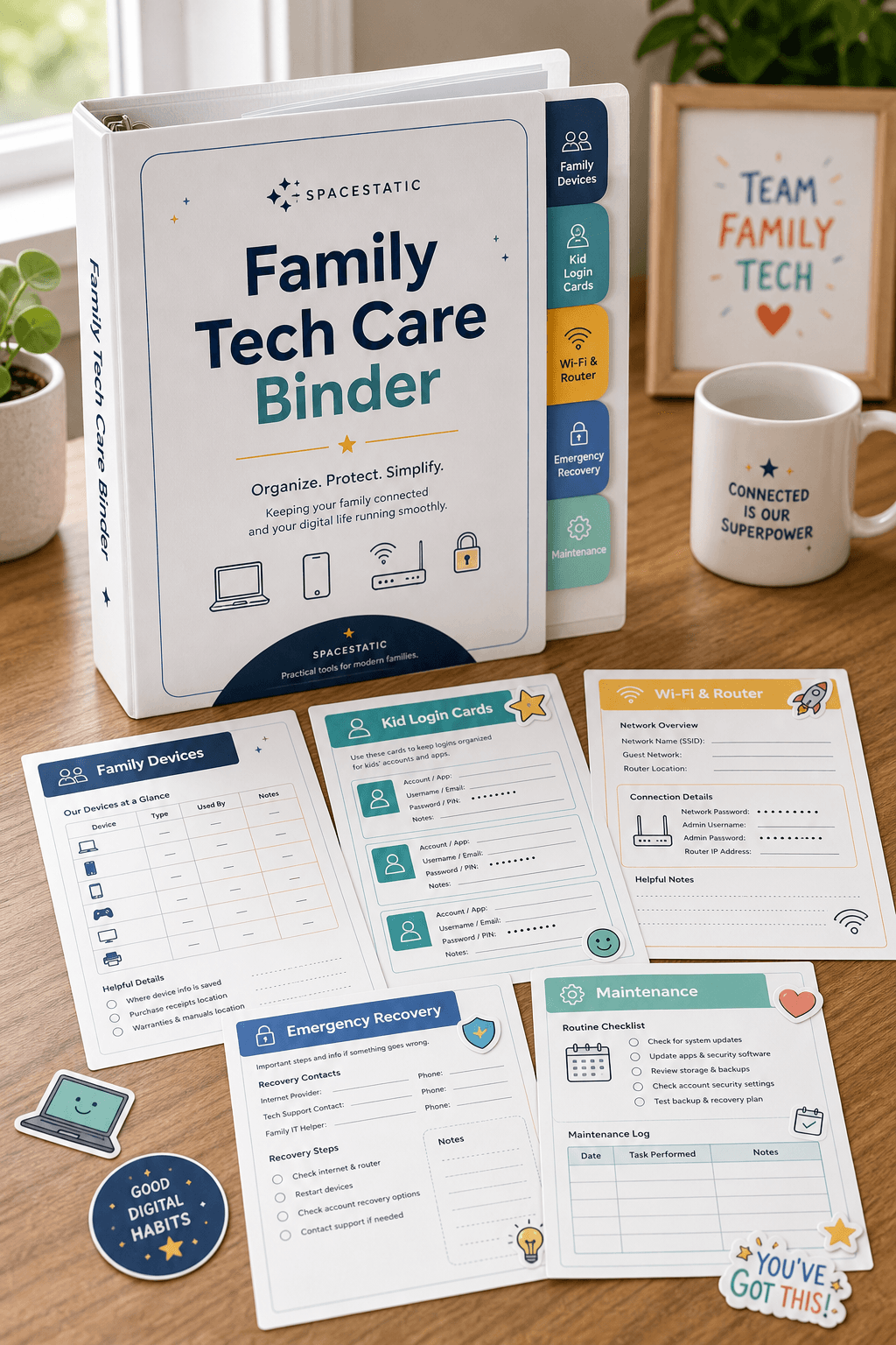 Family Tech Care Binder digital product mockup with printable home technology worksheets
