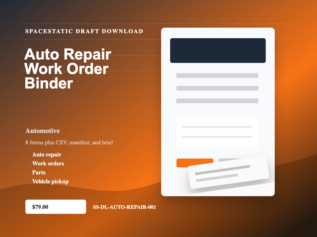 Auto Repair Work Order Binder digital download mockup