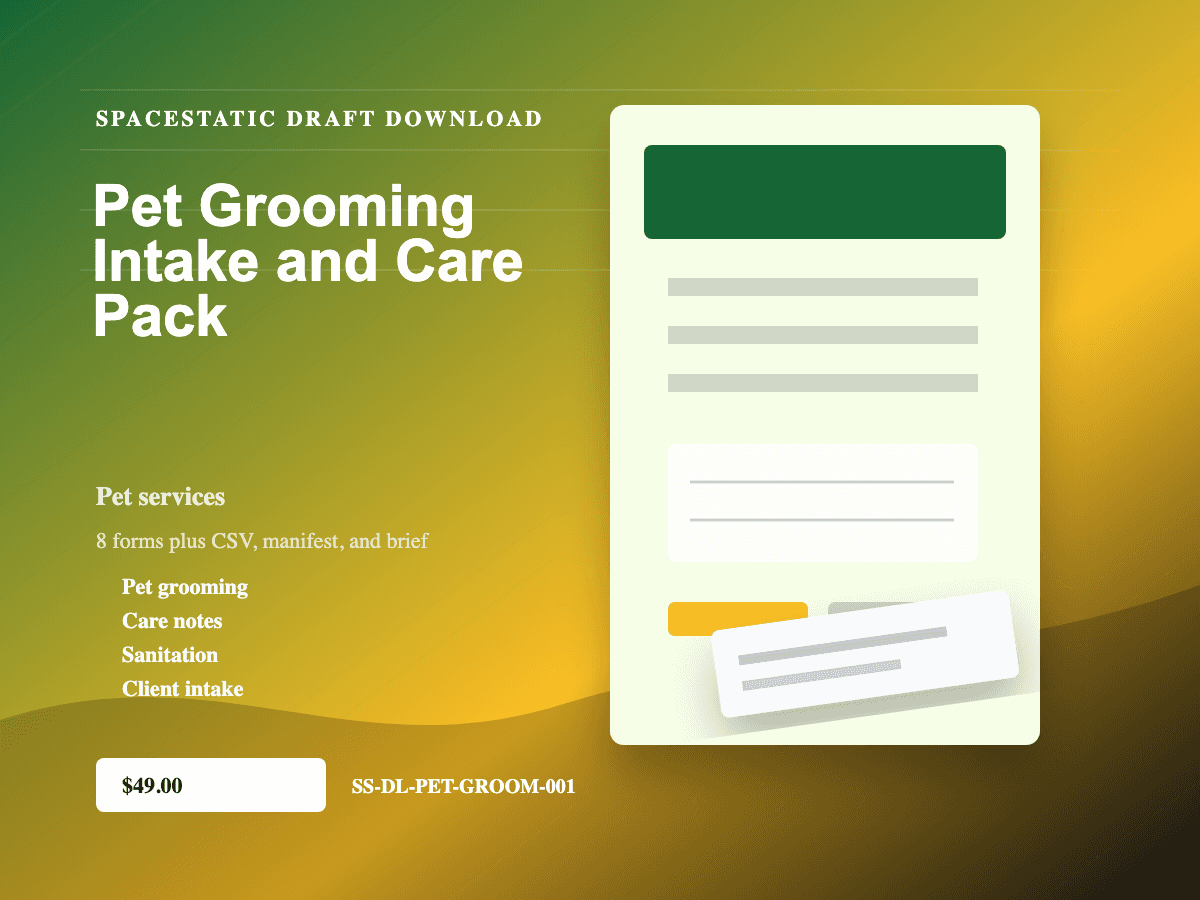 Pet Grooming Intake and Care Pack digital download mockup