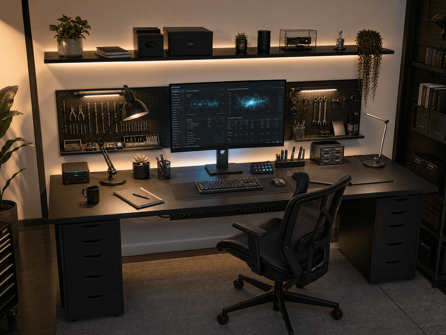Close-up SpaceStatic custom agent home workstation with tools and desk details